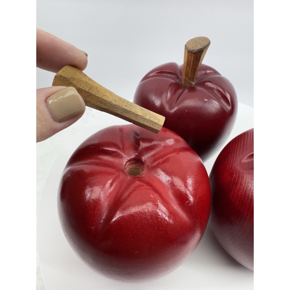 3 Faux Fruit Wood Wooden Red Apples Stems Realistic Farmhouse Decor Heavy - Picture 12 of 13
